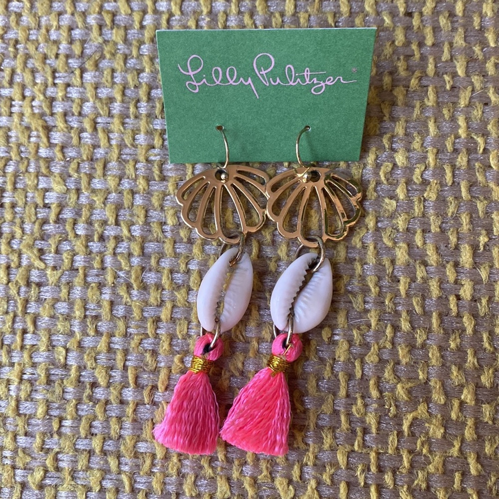 Lilly Pulitzer Shell Earrings with pink tassels